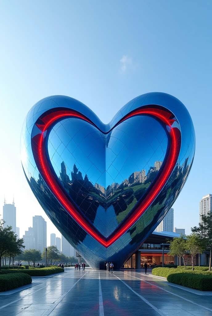 A sleek, futuristic blue heart-shaped building with a gleaming, polished blue glass finish, featuring clean, minimalist lines, sharp, bold red accents at precise angles, and a metallic sheen that catches the light, set against a vibrant cityscape with a clear blue sky, surrounded by lush greenery and modern infrastructure, evoking a sense of innovation and harmony.