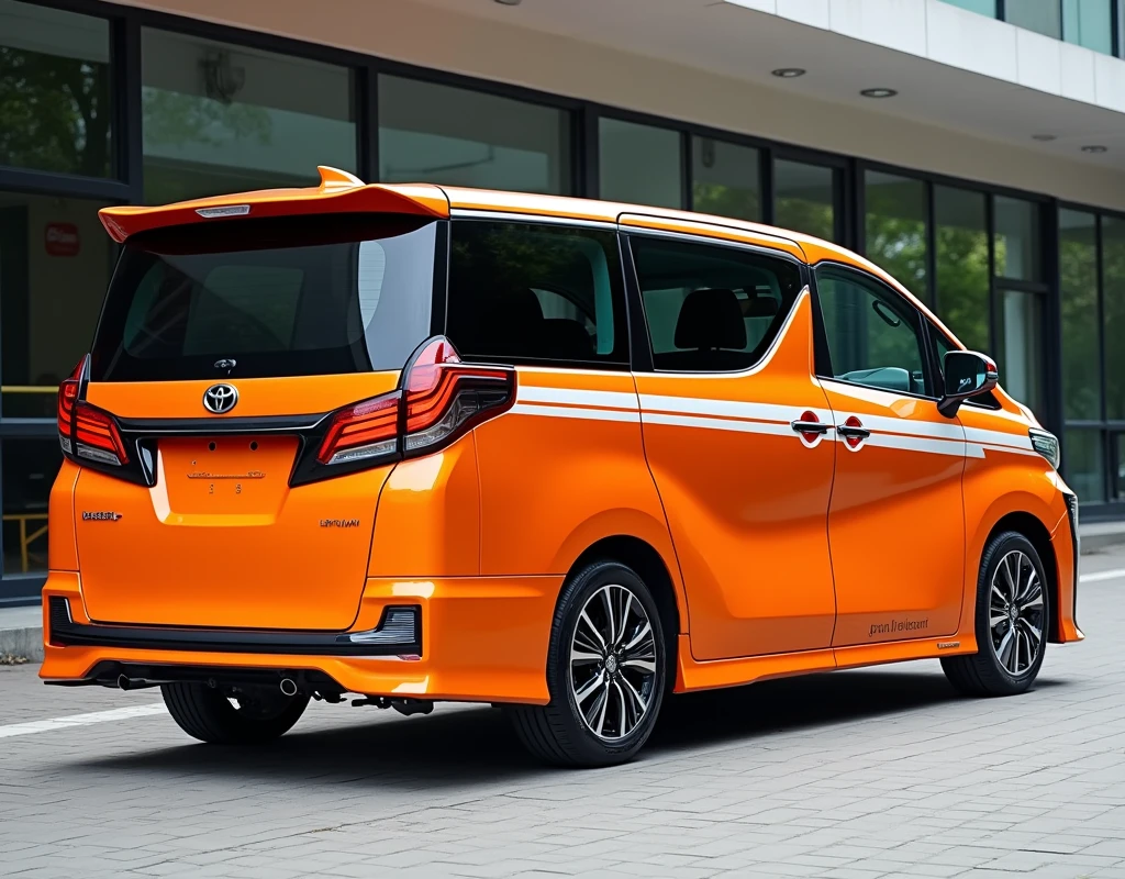 Toyota Vellfire orenge color , white stripe logo "bas sekolah"