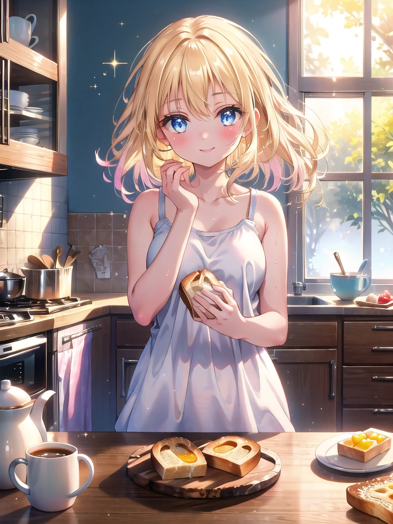 ((8k, Highest quality, masterpiece: 1.3)),Ultra-high resolution,(1 girl, alone), (Color changing eyes, Ultra-detailed, Expressive brilliance, Glitter, Glowing Eyes), Highly detailed eyes, Highly detailed face, Random Hair, ((pastel colour))A young woman with shoulder-length blonde hair, still slightly messy from sleep, is in the kitchen, preparing breakfast. She’s wearing a simple, white tank top and boyshorts, her expression focused yet gentle as she arranges toast, eggs, and juice on a tray. Her blue eyes occasionally flicker towards the camera with a loving, eager smile, as she thinks about surprising her partner. The kitchen is bathed in soft morning light, with the smell of coffee and toast filling the air, creating a warm, inviting scene of morning care.