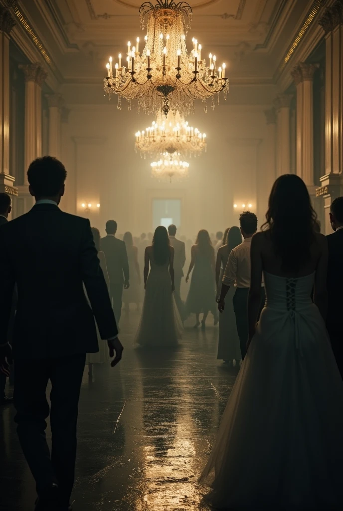 Ballroom Disturbance:Description: The chandelier lights flicker wildly, and the temperature in the room drops sharply. The doors to the ballroom slam shut with a resounding crash, trapping the friends inside. The air grows even colder.Mood: Panicked and intense, with a sense of immediate danger.Hidden Door and Basement Stairs:Description: A concealed door behind a tattered curtain opens to reveal a narrow staircase leading down into the darkness. The basement is obscured and menacing, with a sense of claustrophobic confinement.Mood: Desperate and ominous, leading into deeper, darker territory.