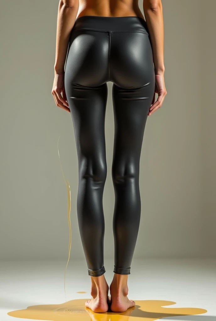 Generate an in depth photo of a girl accidentally peeing her leggings

Make it look like there is realistic looking pee running down her legs.  Soaking her leggings, make it realistic and make it look like she actually peed her pants.  