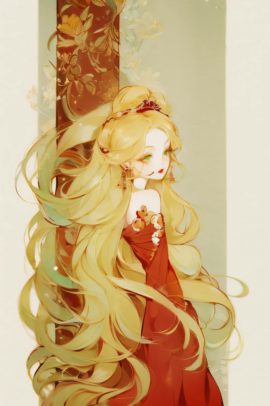 Draw on chest, Honey, (1 girl), ((solitary)), ((solitary)), charming, White skin, By Bangs, Blonde short hair, Green Eyes, Hair accessories, Very long hair, flowering, Shine beautiful light, Flowing long hair, Green headband,Gloves,Eyeshadow, (Red lips), (Lace dress), masterpiece, high quality