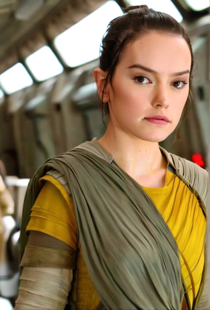 Daisy Ridley, ((( seios super pesado e gigantescos ))) giant biggest bust forward Giants busty forward Giants busty, wearing a yellow uniform in Spaceship