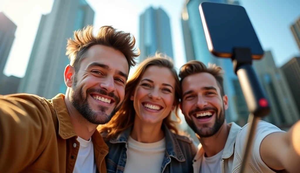There is a shadow、Three men and women are laughing and holding a selfie stick、The tip of the selfie stick is attached to a smartphone、The background is a cityscape