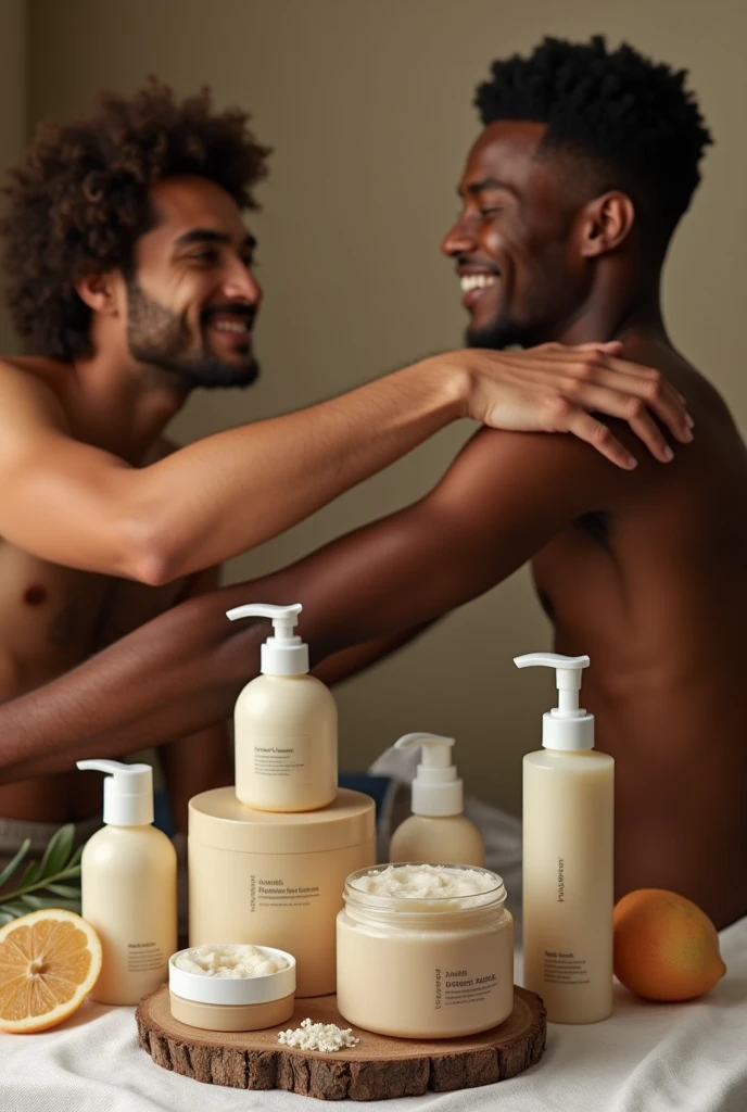Unbranded organic cosmetic product images inspired by men and women that show no brands and that are being used by one another and the prototype next to it