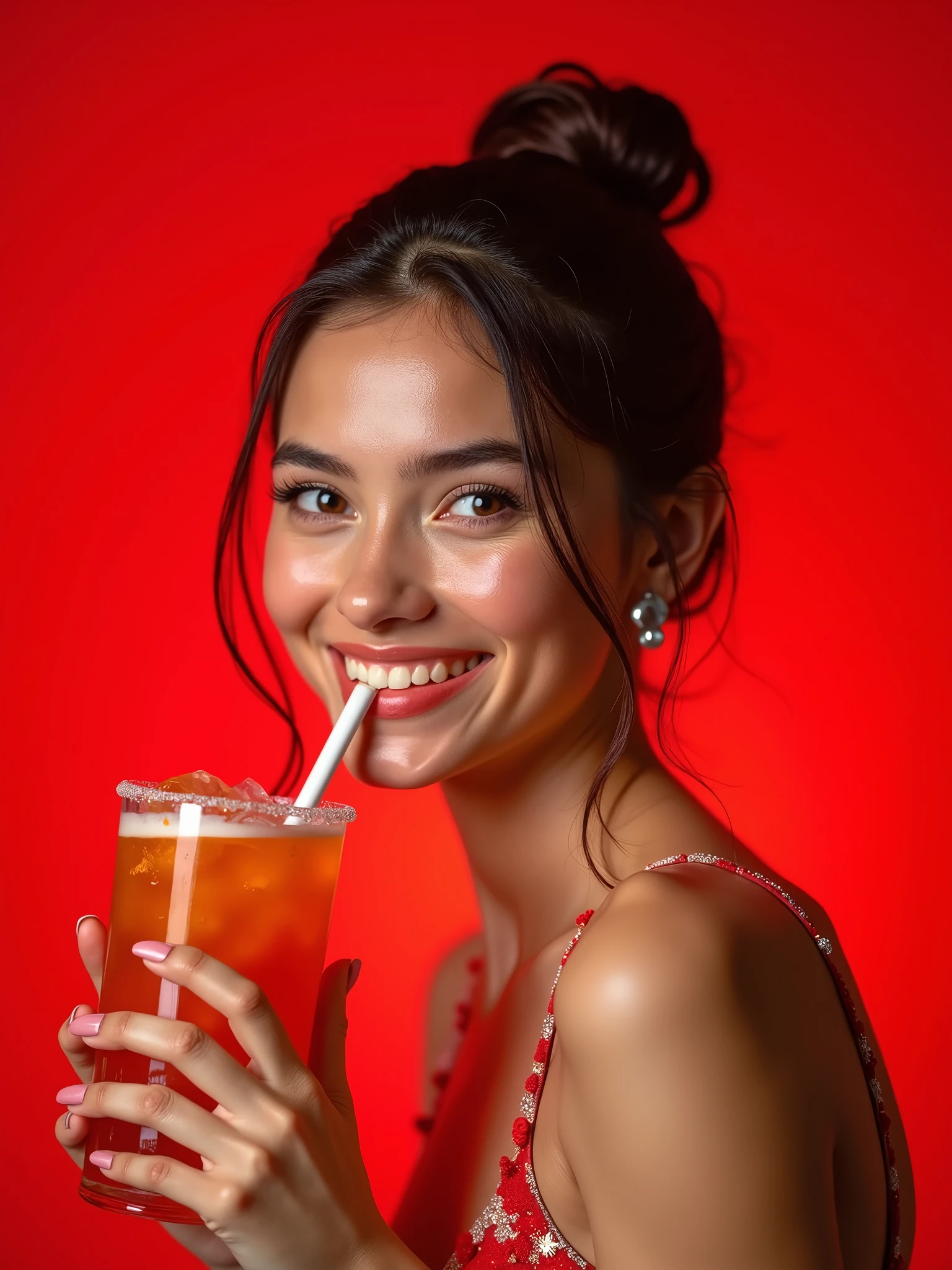 girl+mocktail+red background+smile -upscale