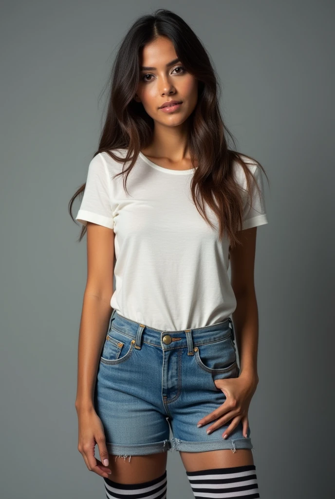 beautiful colombian woman, standing straight facing forward,with white t-shirt, denim jeans pants, on a greyish background, cotton t-shirt texture, fitted t-shirt, round neck, striped tights. Medium camera shot.