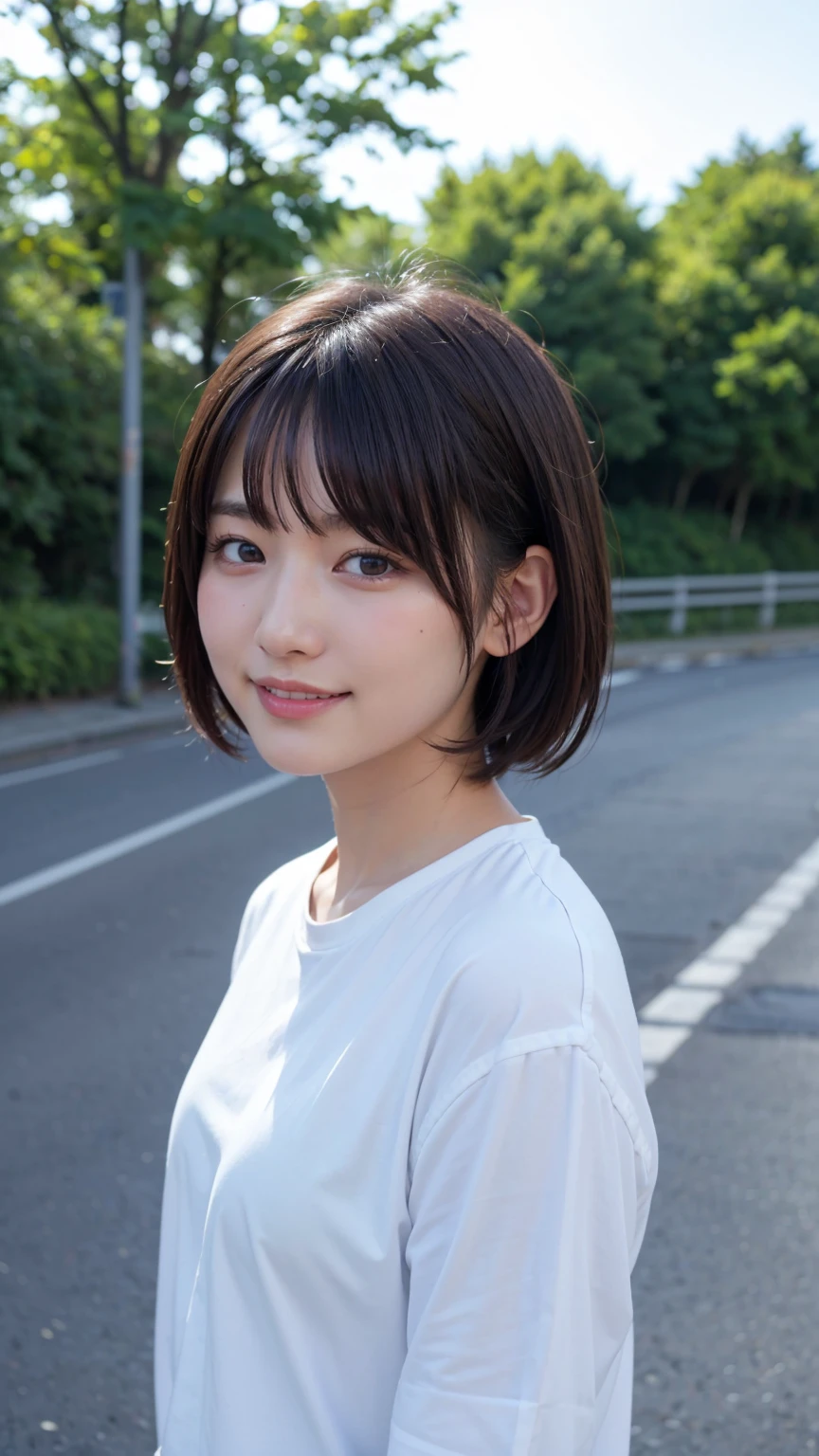 Realistic、masterpiece、Highest quality、Highest quality、8k、RAW Photos、Cinema Lighting、Very cute one、Short hair up to ear length、Moisturized hair、Her hair is swaying in the wind from the front.、Background seen from the road、Upper Body、Photo of your face、Face from an angle、Eyes focus、Clothes to wear on a very hot day、Laughter、The depth of the written world、Wide Light、High Contrast、Shine、chromatic aberration、Sharp focus、Raw color photography