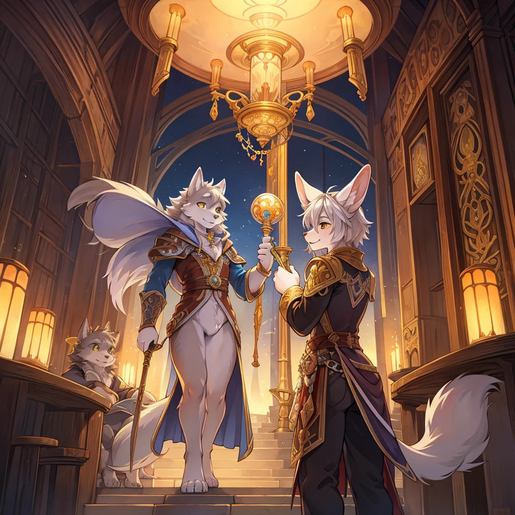 Mucha style , Adventure fantasy, the magician old silver wolf , with the droopy-eared swordsman orange rabbit girl
