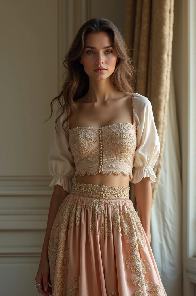 European woman model wearing a skirt and blouse set with fabric with baroque embossed details