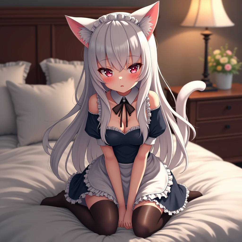A small housemaid cat girl with long white hair in a short skirt and black stockings sits on a bed in a sexy pose.She is embarrassed and blushing, looking away. The clothes are slightly lowered, and because of this, her shoulders are exposed.