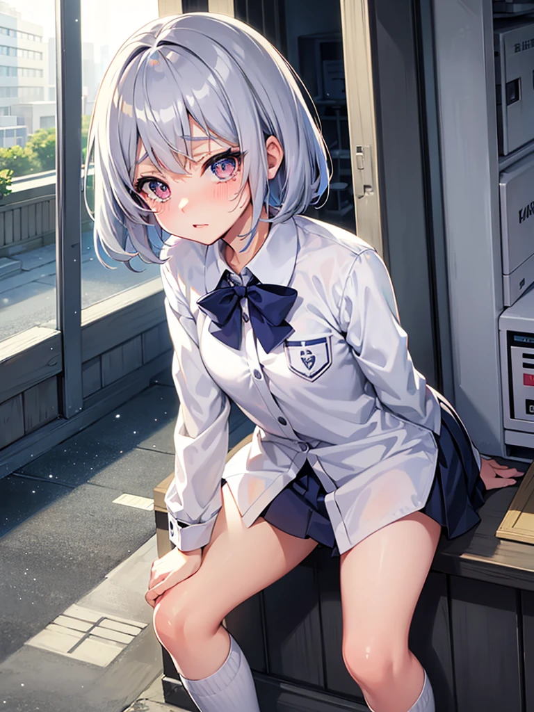 solo, Female, Manga, Japanese, Anime, Pastel, silver hair, short cut, high school girl, uniform, ((tareme)), big eyes, with tears in eyes