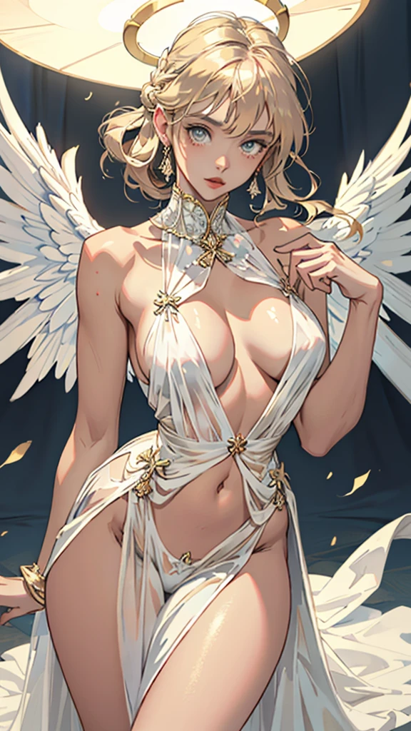 Very beautiful woman angel、Big Wings、 Angel Halo、 Sheer dress in ancient Greek style、Nipples、 pubic hair、 Realistic、Face reality、and、Sexy smile、Small breasts、Sexy pose、