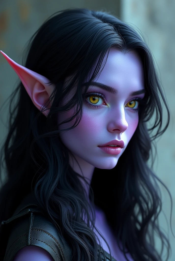Oval shaped face, light purple skin color woman, wavy long black hair, yellow eyes, long eyelashes, small nose, narrow chin, full lips, long elf ears, small forhead