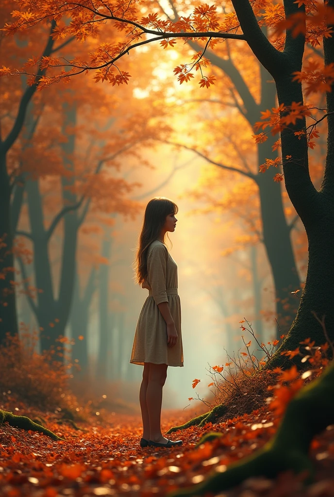 Realistic style,Photo Style, girl standing far away,Standing far away,Realistic style,Autumn forest