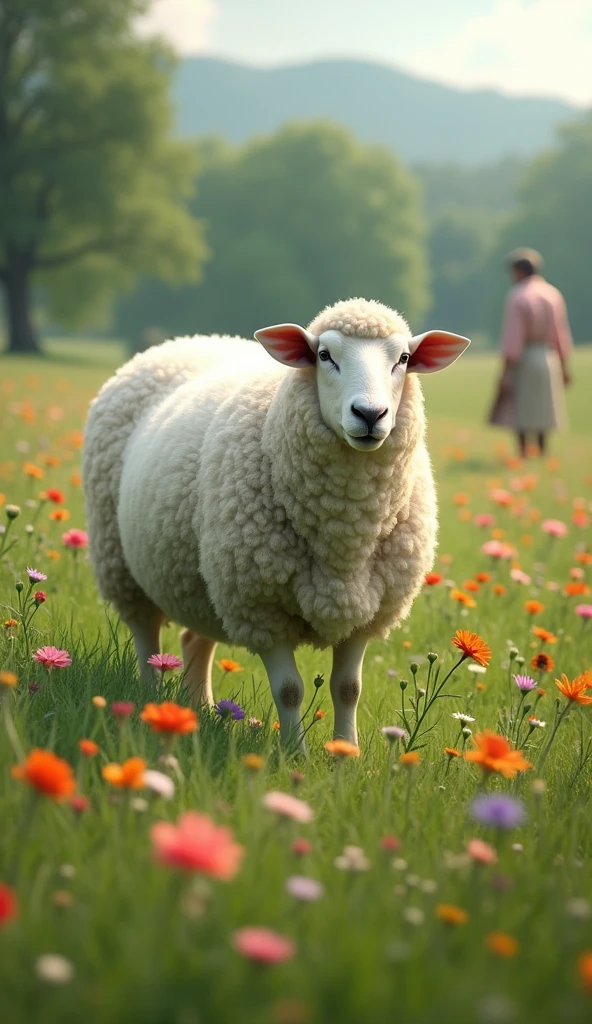 Generate an ultra realistic 8k full hd image of a big white sheep in a field with flowers and grass with a shepherd watching it from afar  