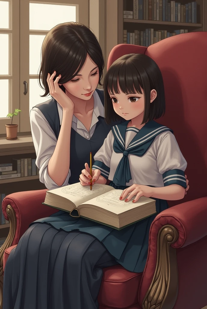 Drawing of a school girl sitting on the lap of a woman sitting in a chair working.