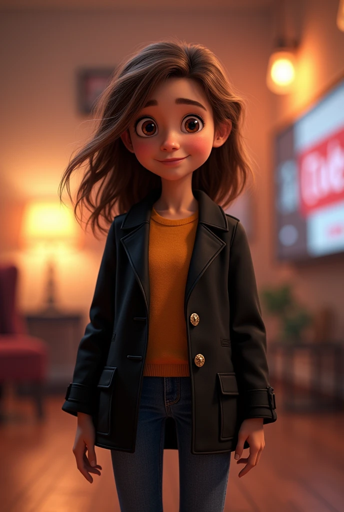 Disney Pixar poster light skin brown hair brown eyes black coat and jeans background YouTube