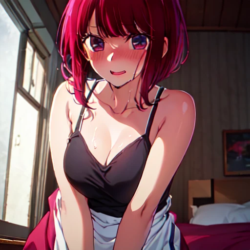 1 girl in, , , , (vapor:1.3),, ,, ,, ,,,, he has cultivated four, ahegao face, nose blush, short shoulder length hair, Red hair, He drowned, Red eyes, , pink short summer dress,, steering wheel , bare shoulders, clavicle, sleeveless, Session, in the beds, looking at the viewer, inside, , ,,,, , , ,.,, glowing skin, sexy, bare thighs , sexy, bare breasts, hotel room