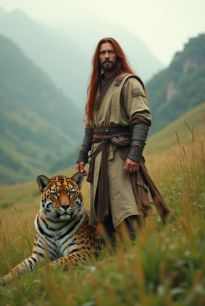 Beautiful male asian warrior long dark red hair light leather armor longsword relaxing in high grass with big jaguar cat