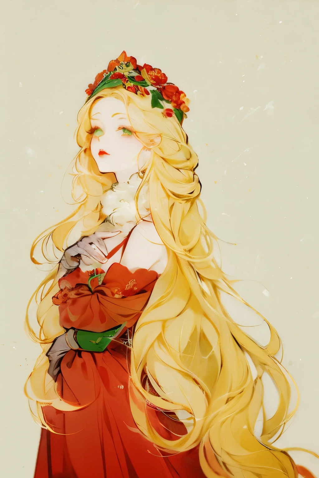 Draw on chest, Honey, (1 girl), ((solitary)), ((solitary)), charming, White skin, By Bangs, Blonde short hair, Green Eyes, Hair accessories, Very long hair, flowering, Shine beautiful light, Flowing long hair, Green headband,Gloves,Eyeshadow, (Red lips), (Lace dress), masterpiece, high quality