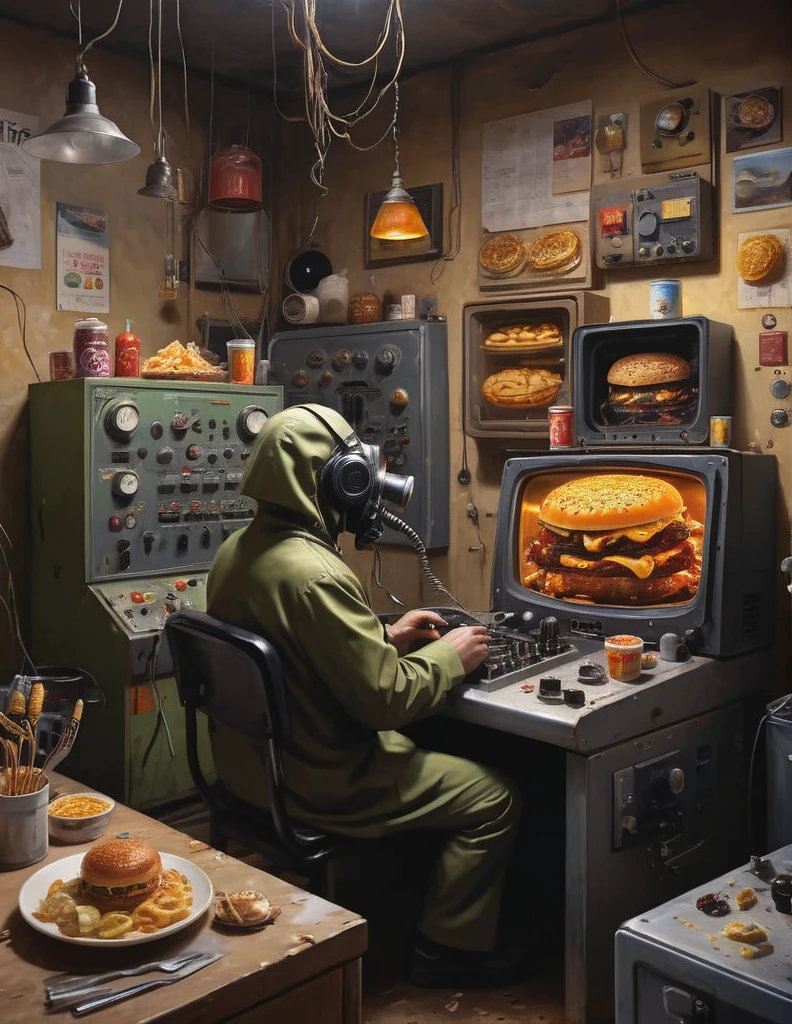 grbtw art style, Surreal, Anxious, Realistic, High resolution, beautiful, Highest quality, masterpiece, Very detailed、Half-eaten junk food is overflowing
