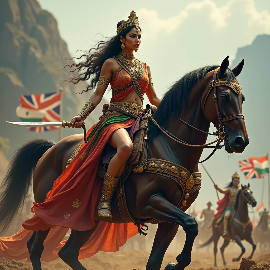 A South Indian queen, who is Hindu, is holding a sword in one hand and a horse in the other, with mountains and battlefields in the background and also the queen's maid. And queen one hand a katana  , and background a indian flag fight , queen fight british king , british king was very dangerous his hand a rifle , British king fighting indian queen , british king his hand british flag 