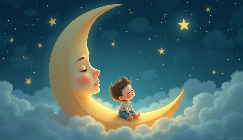 a listens to a lullaby and sits tenderly on a crescent moon in a fairytale space, and there are many stars around, sleeps with his eyes closed