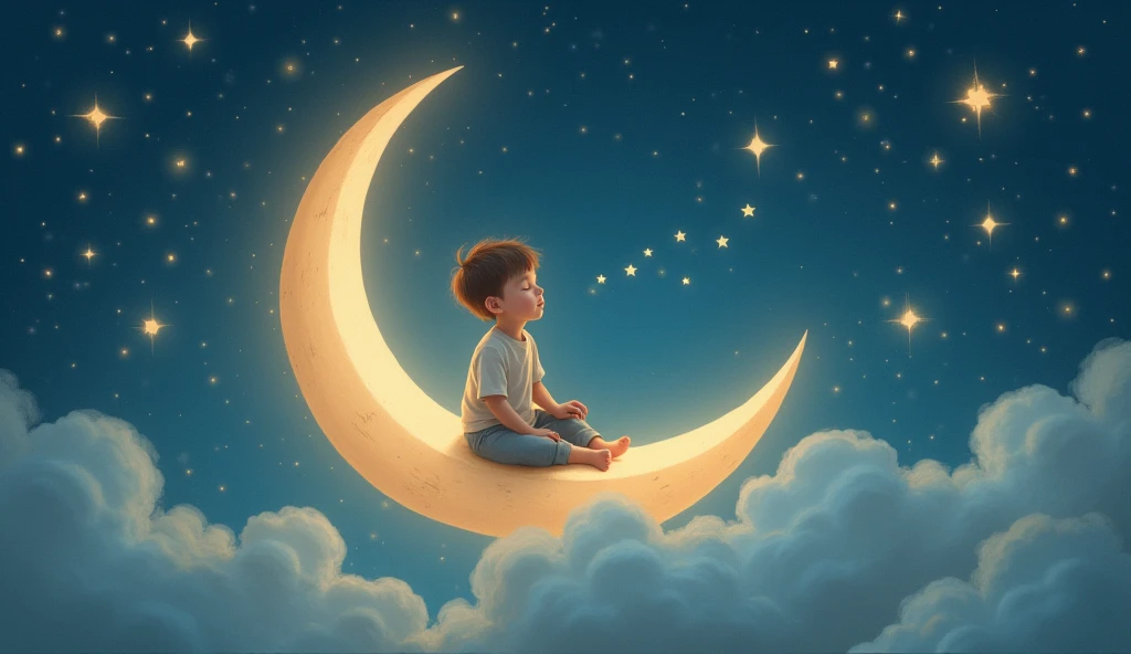 a listens to a lullaby and sits tenderly on a crescent moon in a fairytale space, and there are many stars around, sleeps with his eyes closed