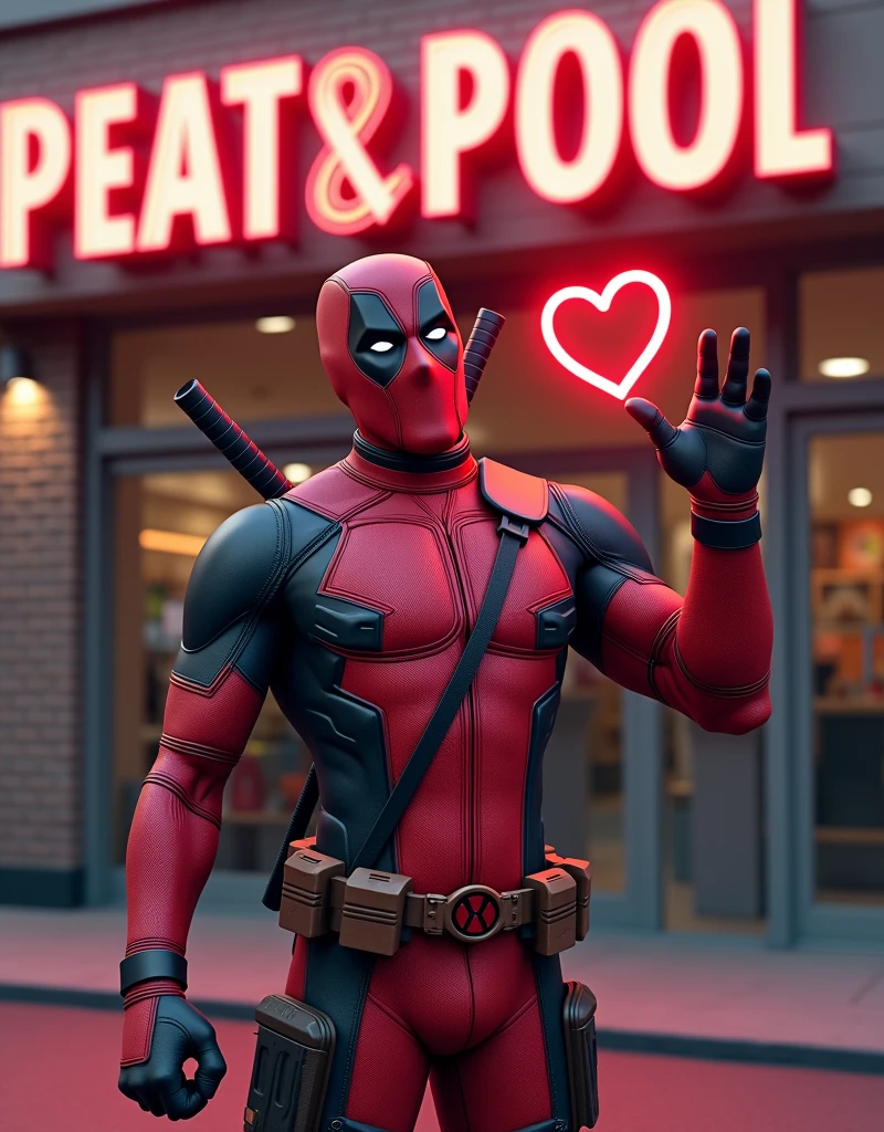 Deadpool man sending heart Above a title POOLSTORE And in front of the POOL STORE Background with black and red
