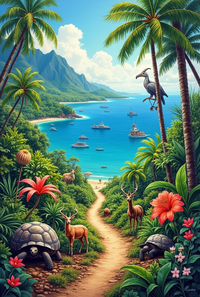 Generate a landscape with oil pastels or watercolour technique on the theme: WILD!
The Flora and Fauna of our islands and the communities they support. 

Basically about Mauritius. Highlight Mauritius' endemic plants (ebony tree, national flower- trochetia) & animal (dodo, deers, tortoise, pink pigeon, kestrel birds), beautiful sea, locals & a little bit of endemic tropical fruits