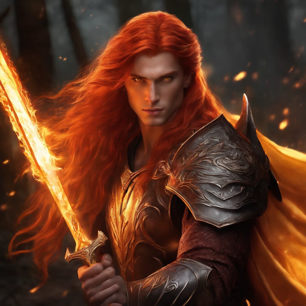 A red-haired elf with yellow eyes Amber with a fire sword and magma armor long red hair male