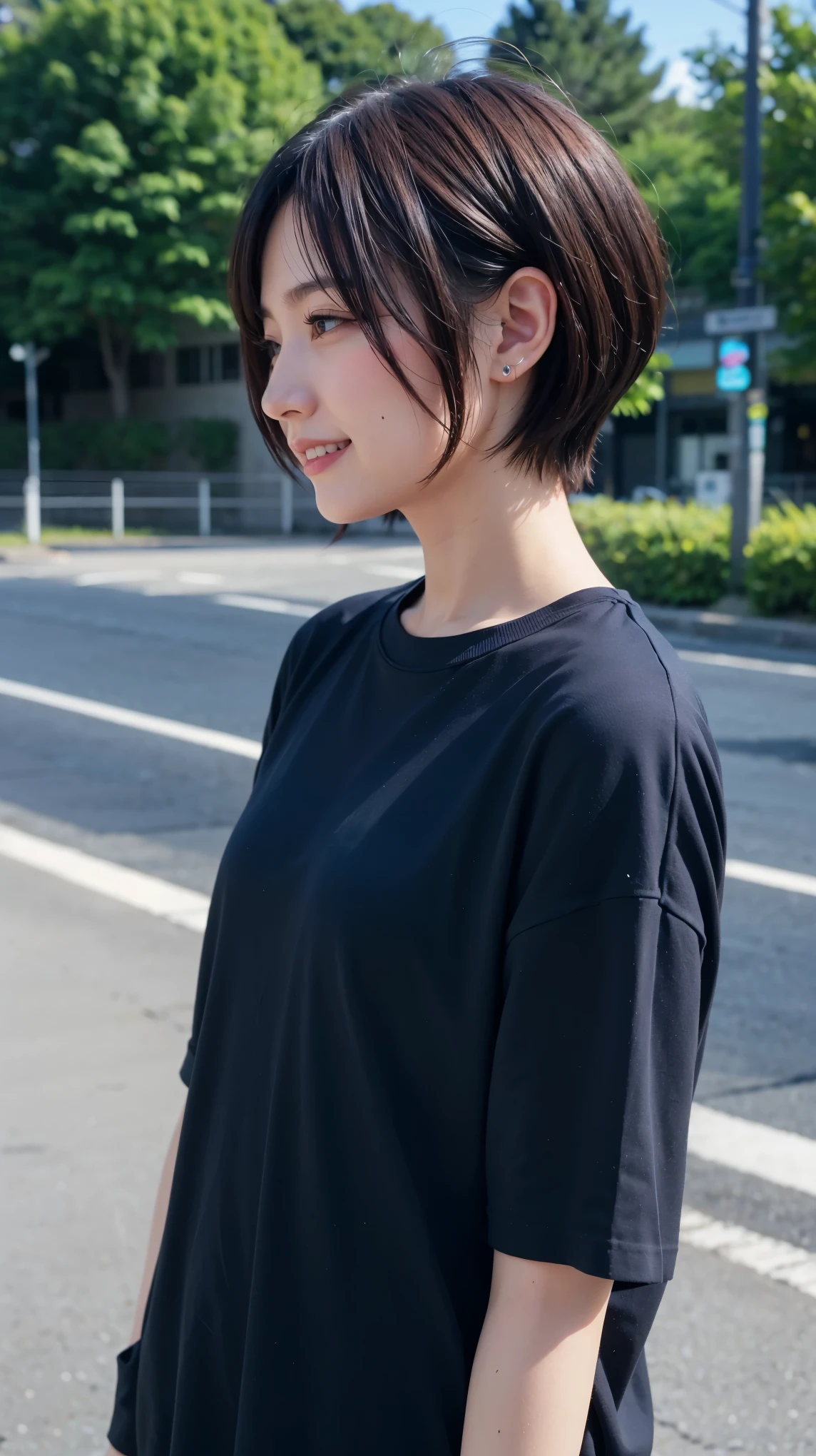 Realistic、masterpiece、Highest quality、Highest quality、8k、RAW Photos、Cinema Lighting、Very cute one、Short hair up to ear length、Moisturized hair、Her hair is swaying in the wind from the front.、Background seen from the road、Upper Body、Photo of your face、profile、Eyes focus、Clothes to wear on a very hot day、Laughter、The depth of the written world、Wide Light、High Contrast、Shine、chromatic aberration、Sharp focus、Raw color photography