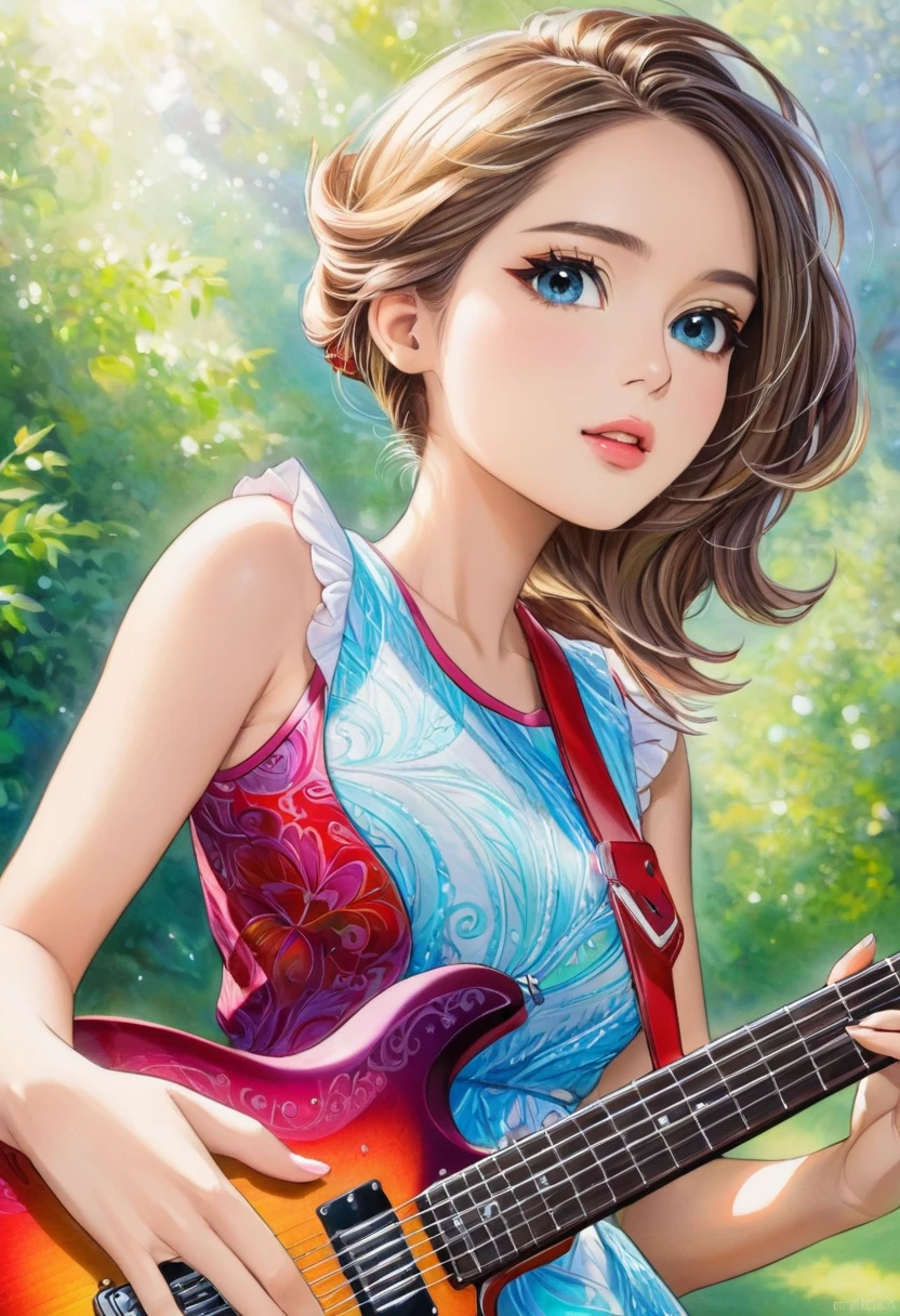 a beautiful woman in a sleeveless dress, playing An electric guitar, creative, art, colored pencil drawing, detailed face and eyes, long eyelashes, delicate features, serene expression, natural lighting, vibrant colors, intricate textures, 8k, masterpiece, digital art