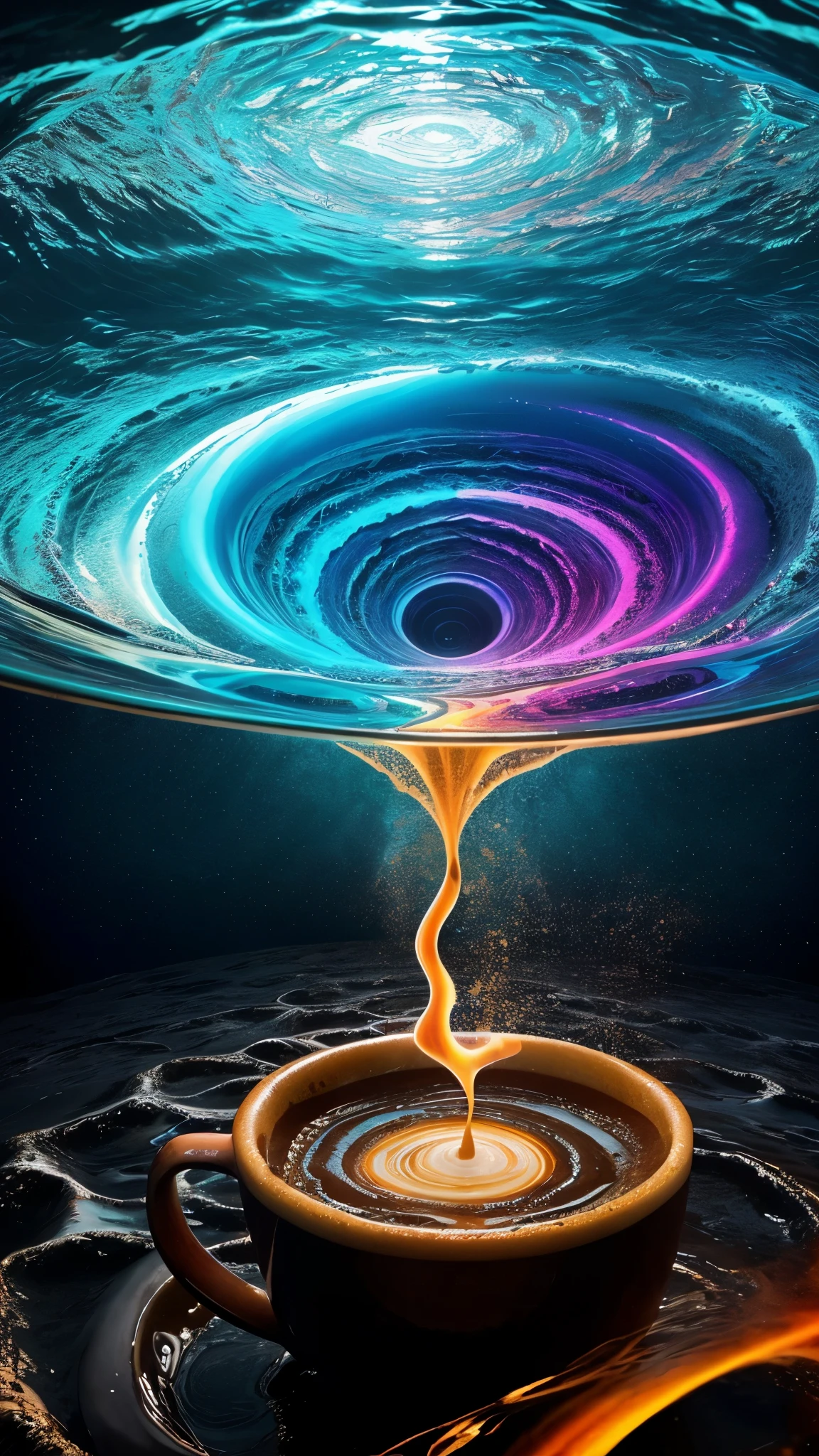 A swirling, multicolored portal emerges from the depths of an
ocean of coffee, with waves of the rich liquid gently rippling
outward. The portal engulfs a coffee cup, which serves as a
gateway to a fantastical dimension. The surrounding digital art
landscape reflects the colors of the portal, creating an alluring
scene of endless possibilities.