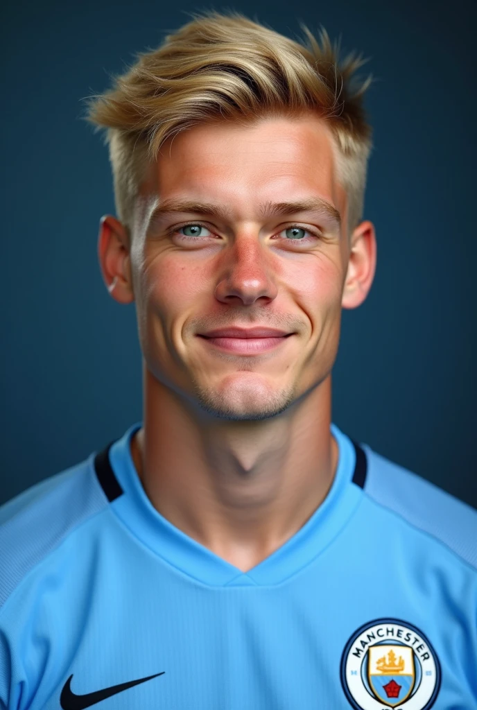 Erling haaland  with short blonde hair in mancity jersey 
It's to serious. With little laugh.with no Beard .young like 22 years of age.only showing face and Jersey.nose are little big and engage him in football game.
