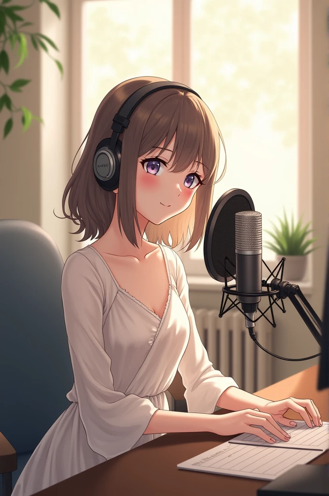 Create an anime girl with full dress not revealing types, sitting in front of mic peacefully doing solo podcast of resolution 16:9p in landscape mode