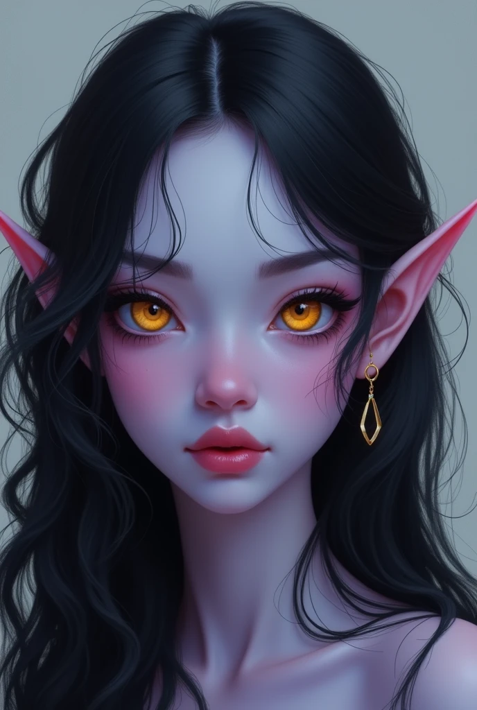 Oval shaped face, light purple skin color woman, wavy long black hair, yellow eyes, long eyelashes, small nose, narrow chin, full lips, long elf ears, small forhead, front view