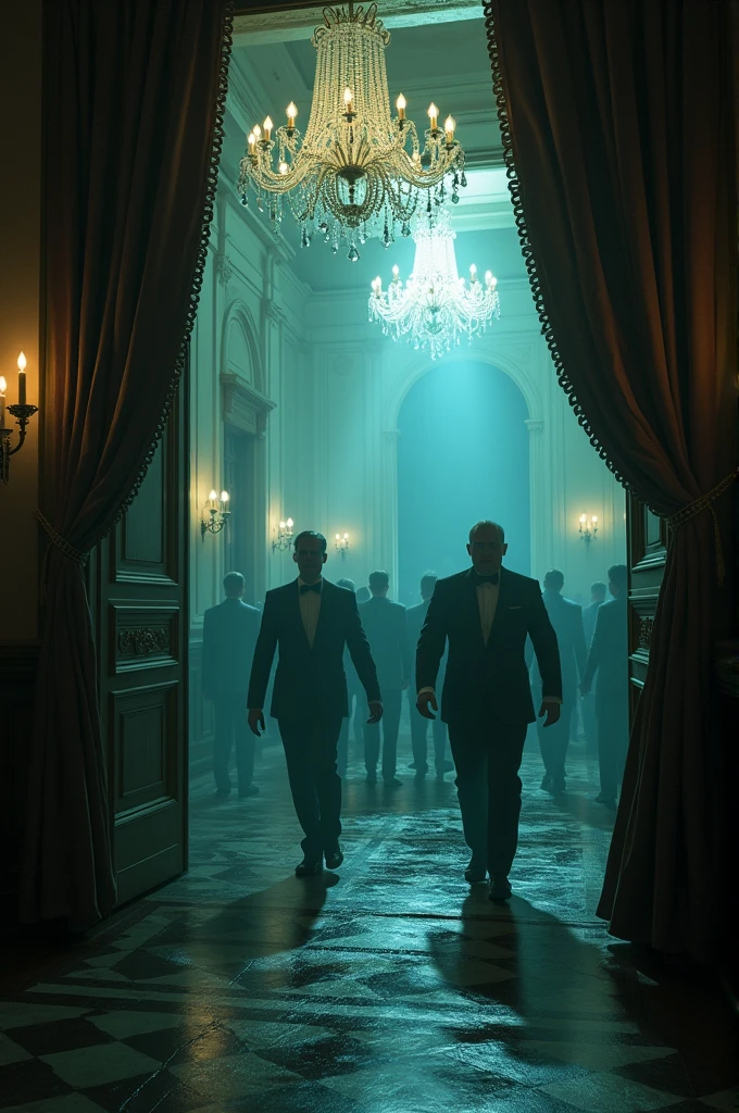 Ballroom Disturbance:Description: The chandelier lights flicker wildly, and the temperature in the room drops sharply. The doors to the ballroom slam shut with a resounding crash, trapping the friends inside. The air grows even colder.Mood: Panicked and intense, with a sense of immediate danger.Hidden Door and Basement Stairs:Description: A concealed door behind a tattered curtain opens to reveal a narrow staircase leading down into the darkness. The basement is obscured and menacing, with a sense of claustrophobic confinement.Mood: Desperate and ominous, leading into deeper, darker territory.