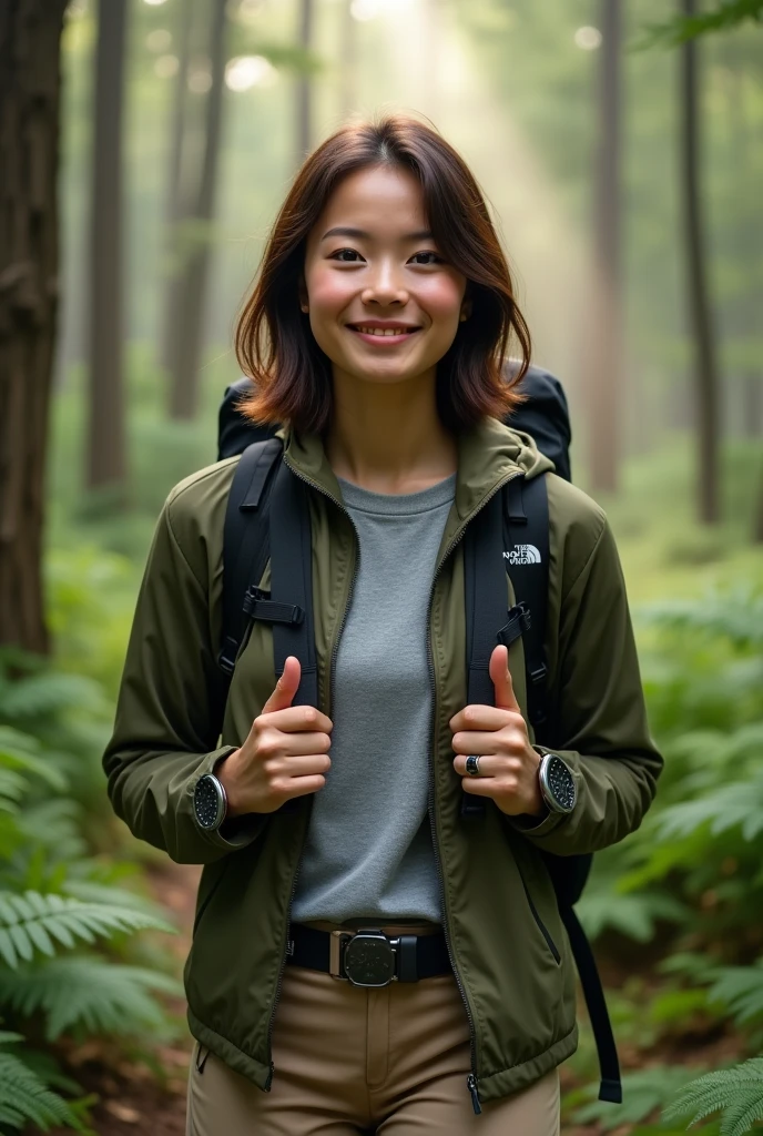 A realistic portrait of a young brunette woman in her twenties, in the middle of a dense, green forest, wearing hiking gear from The North Face. Her shoulder-length, slightly wavy hair falls freely around her face, slightly disheveled by the cool forest air. She is wearing a lightweight olive-colored hiking jacket with The North Face logo clearly visible on the chest. Under the jacket, she has a technical cotton t-shirt, also from The North Face brand, in light gray color. She is dressed in sturdy, beige hiking pants with functional side pockets. A black backpack, also bearing The North Face logo, sits snugly on her shoulders. Her face, with delicate and natural features, is slightly pink from the effort and the fresh air. His brown eyes are expressive, looking curiously at the surroundings of the forest. She smiled softly, expressing a feeling of contentment. His hands are resting on the straps of his backpack, and a hiking watch is visible on his wrist. In the background, the forest is lush, with tall trees and ferns, and rays of sunlight shine through the canopy, creating a peaceful, natural ambiance.