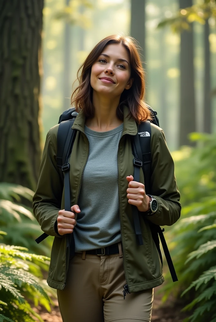 A realistic portrait of a young brunette woman in her twenties, in the middle of a dense, green forest, wearing hiking gear from The North Face. Her shoulder-length, slightly wavy hair falls freely around her face, slightly disheveled by the cool forest air. She is wearing a lightweight olive-colored hiking jacket with The North Face logo clearly visible on the chest. Under the jacket, she has a technical cotton t-shirt, also from The North Face brand, in light gray color. She is dressed in sturdy, beige hiking pants with functional side pockets. A black backpack, also bearing The North Face logo, sits snugly on her shoulders. Her face, with delicate and natural features, is slightly pink from the effort and the fresh air. His brown eyes are expressive, looking curiously at the surroundings of the forest. She smiled softly, expressing a feeling of contentment. His hands are resting on the straps of his backpack, and a hiking watch is visible on his wrist. In the background, the forest is lush, with tall trees and ferns, and rays of sunlight shine through the canopy, creating a peaceful, natural ambiance.