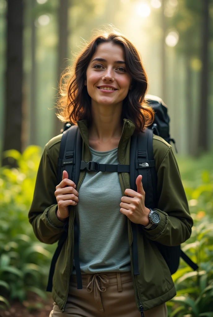 A realistic portrait of a young brunette woman in her twenties, in the middle of a dense, green forest, wearing hiking gear from The North Face. Her shoulder-length, slightly wavy hair falls freely around her face, slightly disheveled by the cool forest air. She is wearing a lightweight olive-colored hiking jacket with The North Face logo clearly visible on the chest. Under the jacket, she has a technical cotton t-shirt, also from The North Face brand, in light gray color. She is dressed in sturdy, beige hiking pants with functional side pockets. A black backpack, also bearing The North Face logo, sits snugly on her shoulders. Her face, with delicate and natural features, is slightly pink from the effort and the fresh air. His brown eyes are expressive, looking curiously at the surroundings of the forest. She smiled softly, expressing a feeling of contentment. His hands are resting on the straps of his backpack, and a hiking watch is visible on his wrist. In the background, the forest is lush, with tall trees and ferns, and rays of sunlight shine through the canopy, creating a peaceful, natural ambiance.