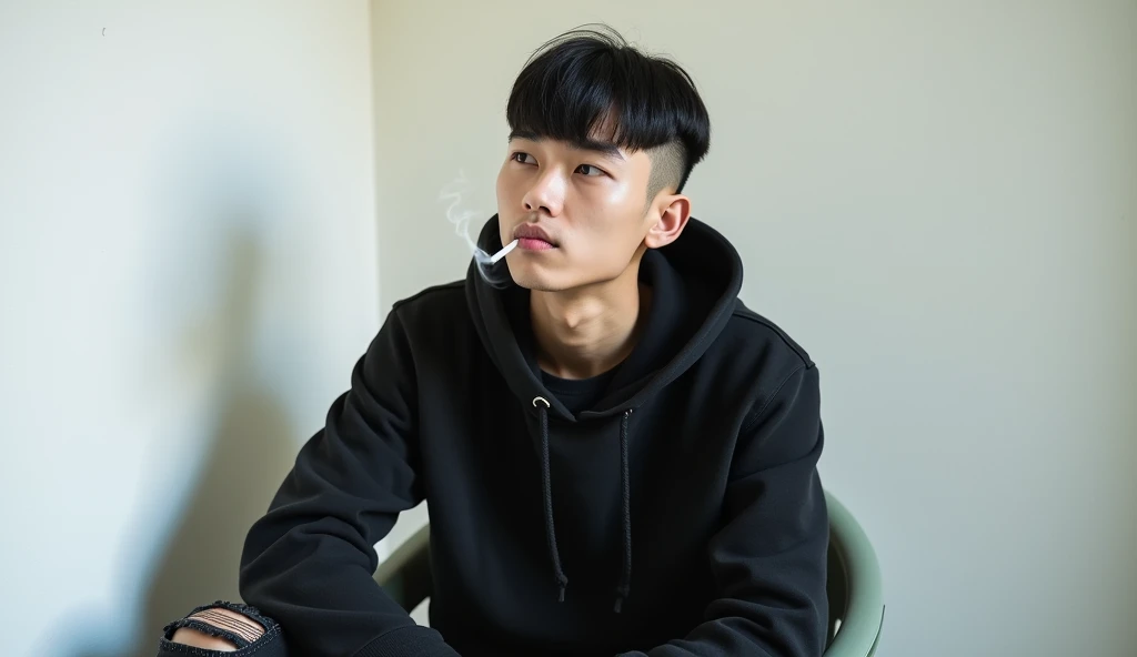 A handsome Asian man, black hair with crew cut hair style, wearing a black hoodie write "SANG PENULIS", torn black jeans. Sitting on a plastic chair and leaning back, exhaling smoke from his mouth, smoking casually, also giving a smoke effect. White painted wall background. Hyper Realistic. Ultra HD. Photography. Very Details