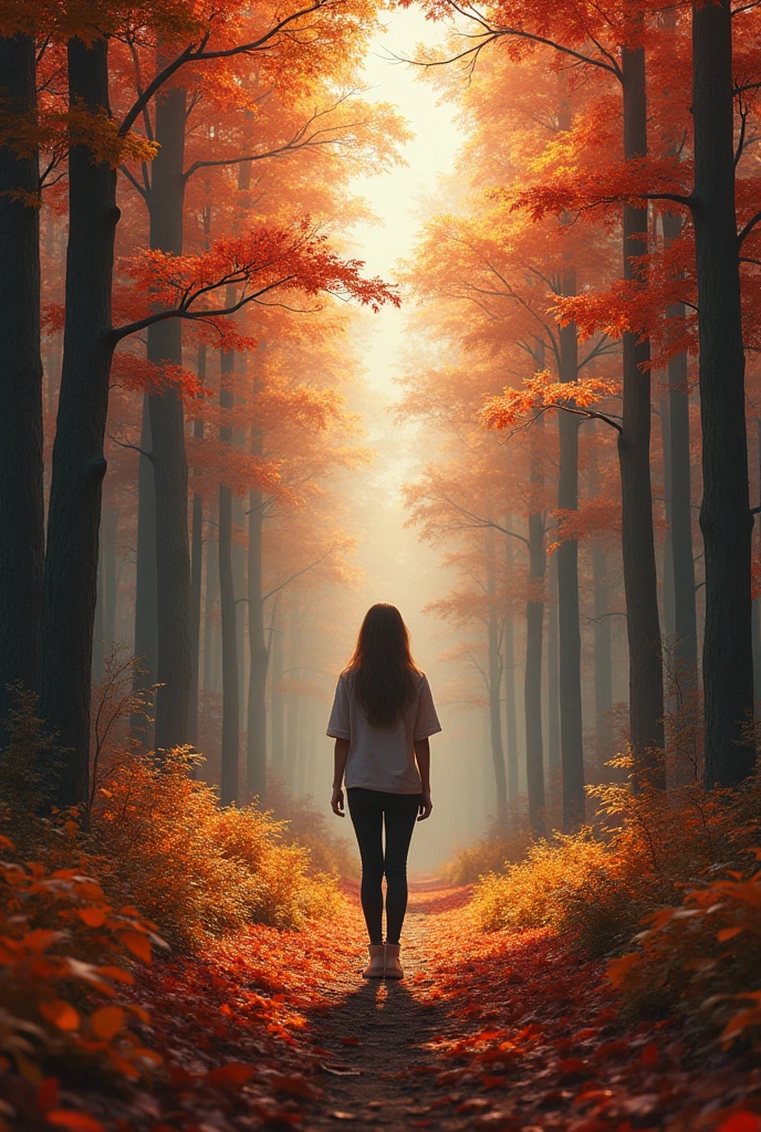 Realistic style,Photo Style, girl standing at the far end,Standing far away,Realistic style,Autumn forest