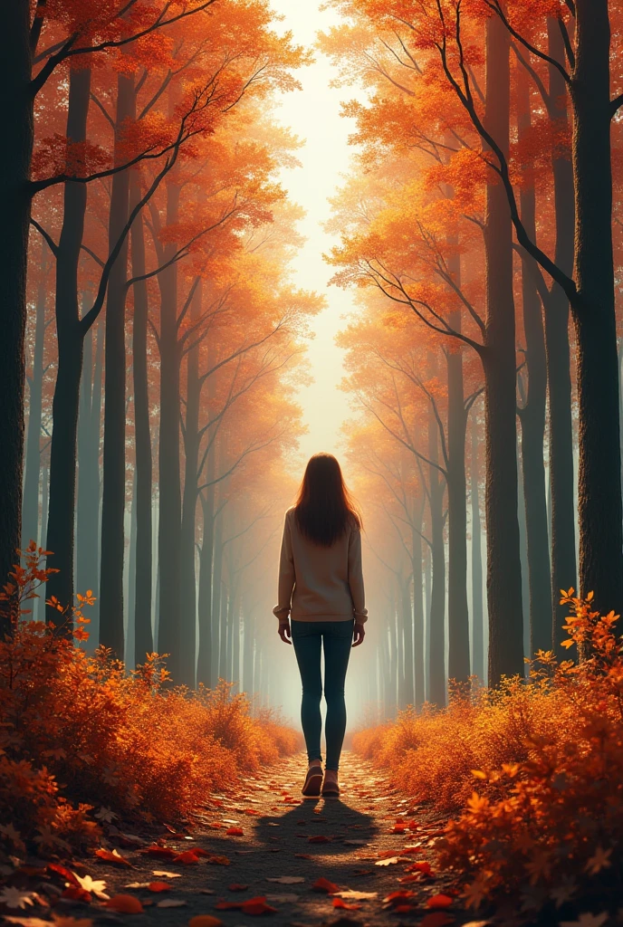 Realistic style，Photo Style， girl standing at the far end，Standing far away，Realistic style，Autumn forest