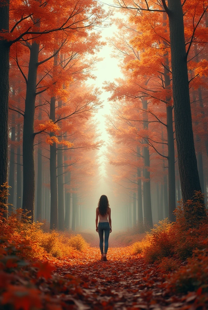 Realistic style，Photo Style， girl standing at the far end，Standing far away，Realistic style，Autumn forest