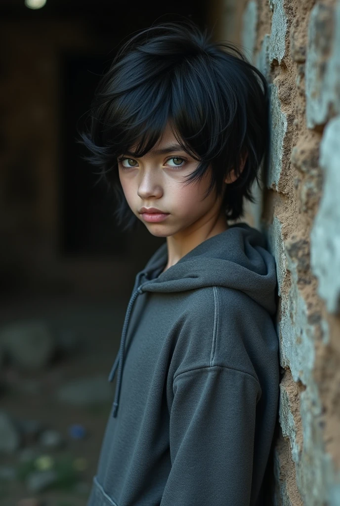 black hair, gray hoodie, cowboy shot, looking away, outdoors, wall, black eyes