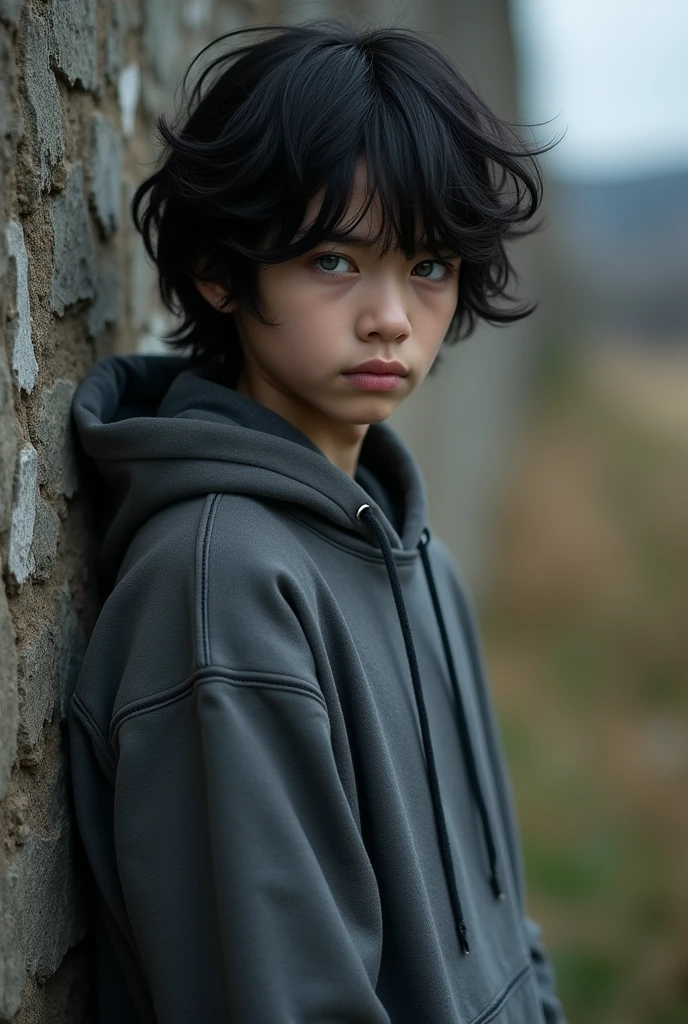 black hair, gray hoodie, cowboy shot, looking away, outdoors, wall, black eyes