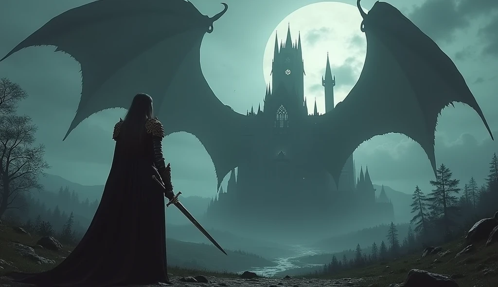 Dark atmosphere, distant view from left behind, moon light, woman wearing armor, holding a sword, epic  gothic medieval castle on the right,  epic gigantic shadow of dragon's wings behind the castle in both side, dark fantasy art, epic landscape, master piece, highly detailed castle,