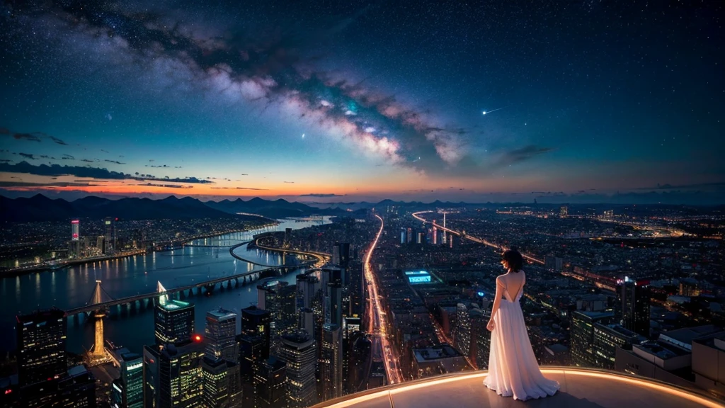 Wonderful landscape、Highest quality、Cityscape、Including sky、Starry Sky、night、Big Moon、Moonlit cityscape、building、There are no people, Makoto Shinkai's Worldview, 8K quality, Neon glows, breathtakingly beautiful scenery,